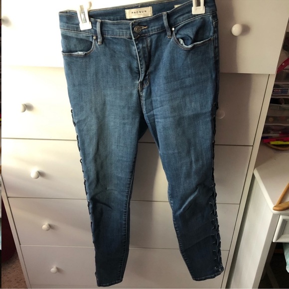 NWOT PACSUN BLUE SKINNY ANKLE LACE UP JEANS - Picture 2 of 4